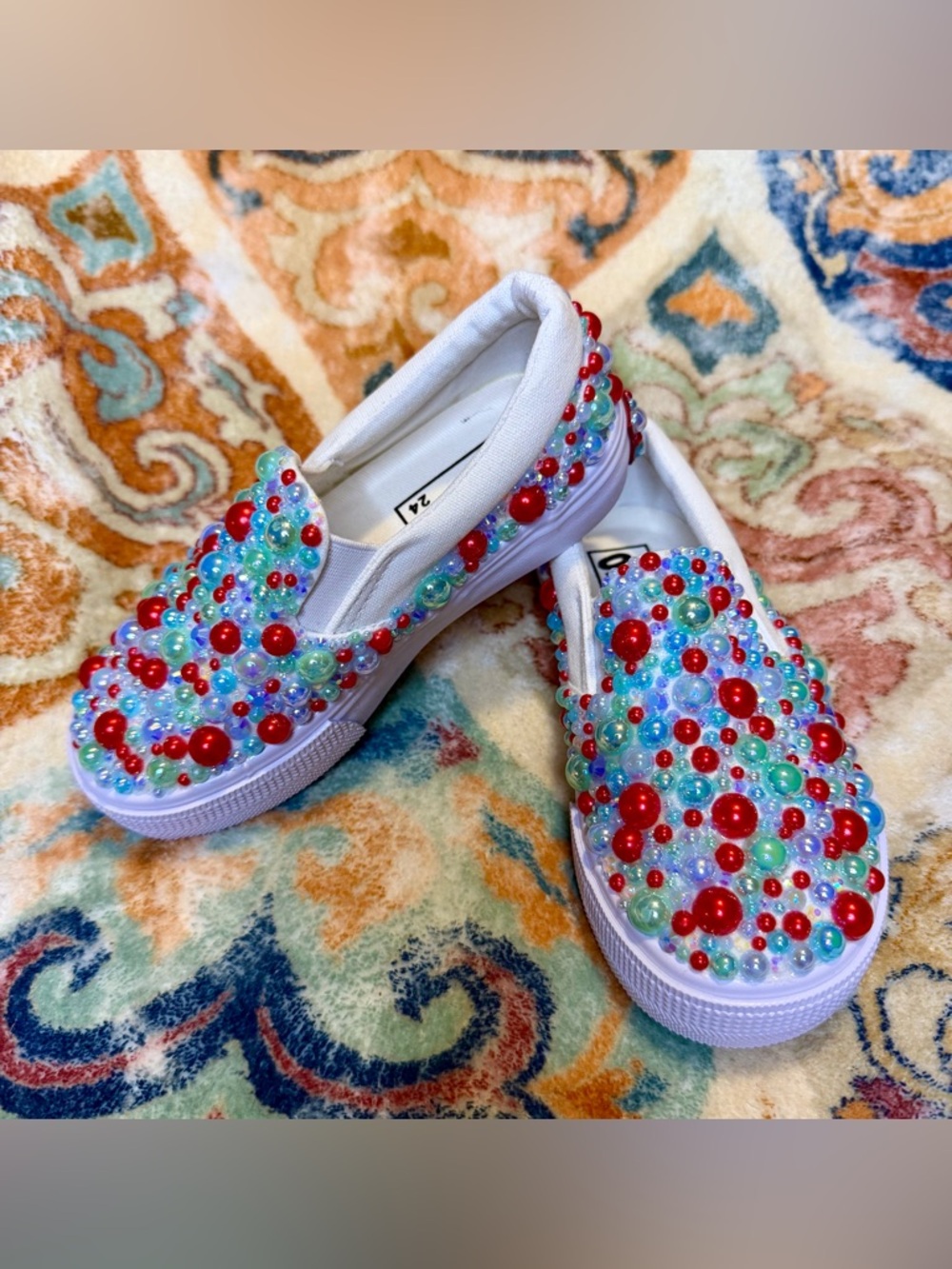 Girls White Slip-On Sneakers with Red and Aqua Bead Accents